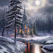 Схема вышивки «Церковь в зимнем лесу»