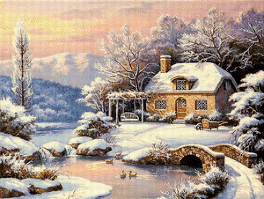 Серия "Зимние пейзажи" - зима, снег, мостик, река, домик, горы - предпросмотр