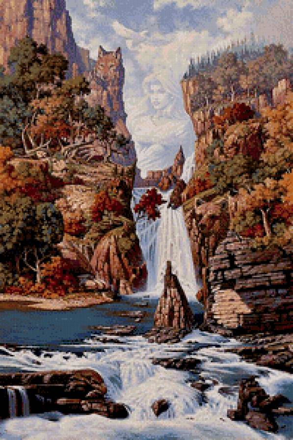 Еще одна красивая картина - природа, водопад, звери, образ женщины - предпросмотр