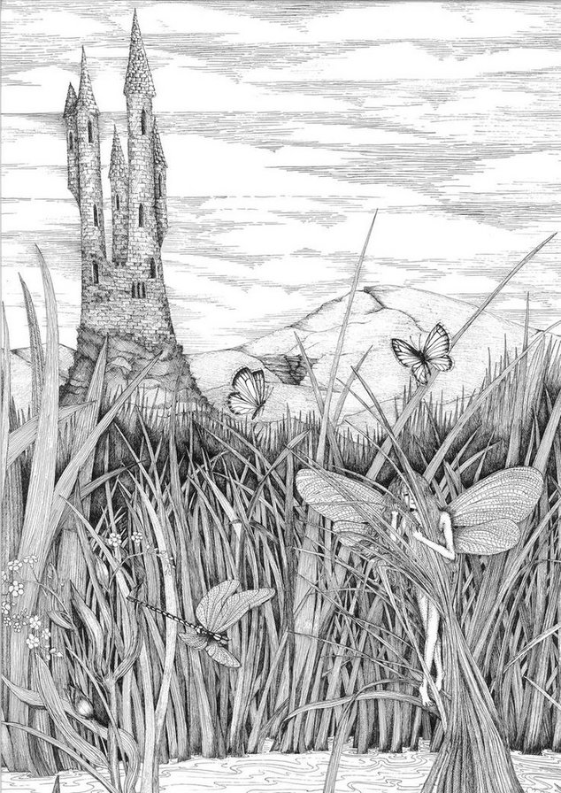 Далекий замок - девушка, эльфы, монохром, фэнтези - оригинал