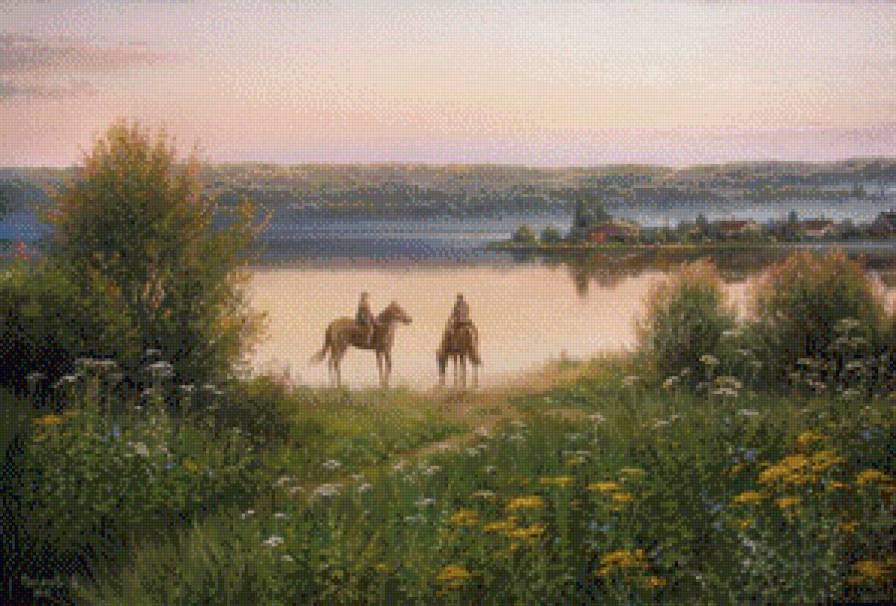 Прогулка на лошадях - закат, животные, река, пейзаж, конь, лошадь, природа - предпросмотр