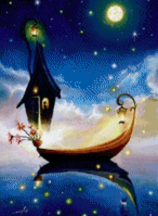 кошкин дом - лодка, ночь, дом, озеро, кошка - предпросмотр