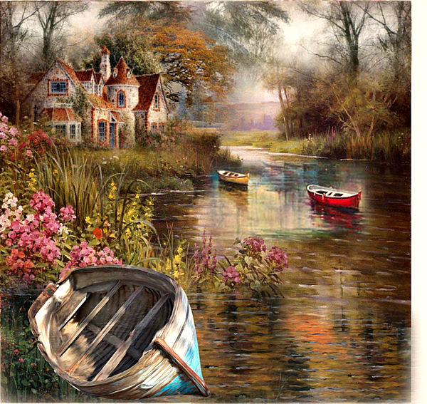 Серия "Пейзажи" - цветы, камыш, туман, дом, лодка, пруд - оригинал