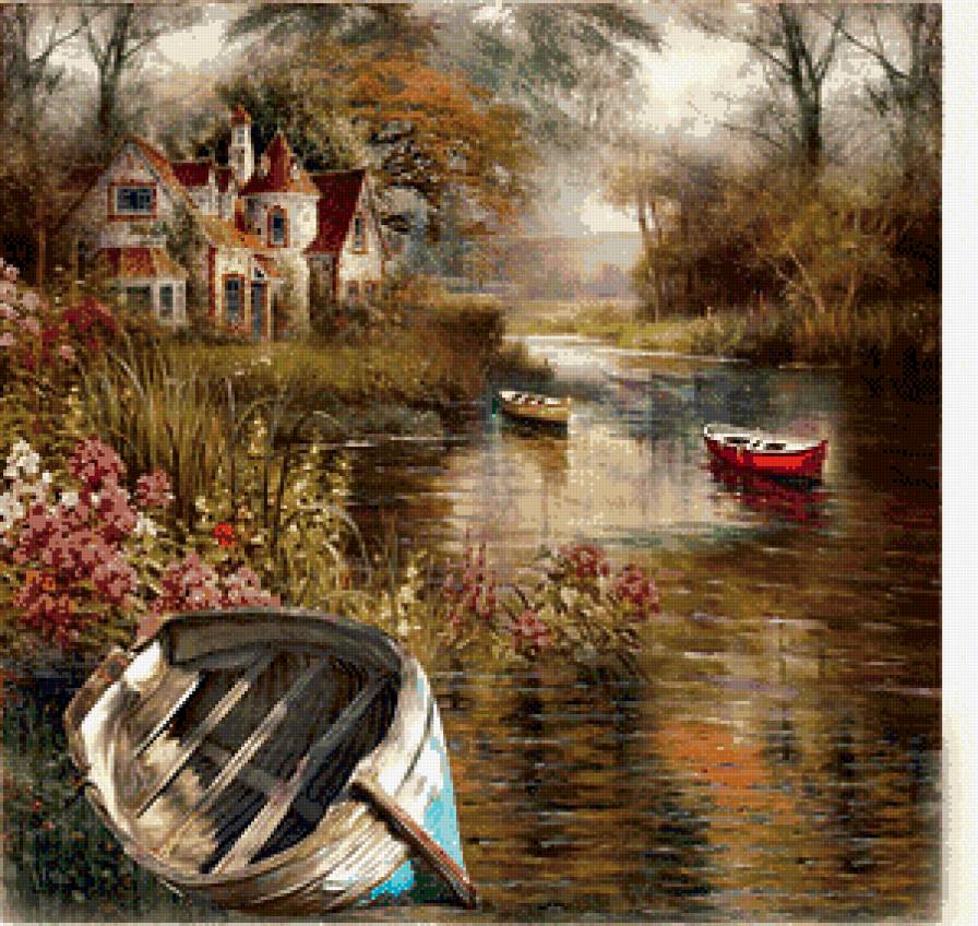 Серия "Пейзажи" - лодка, туман, цветы, пруд, камыш, дом - предпросмотр