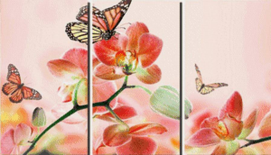 цветы и бабочка - триптих, бабочка, цветы - предпросмотр