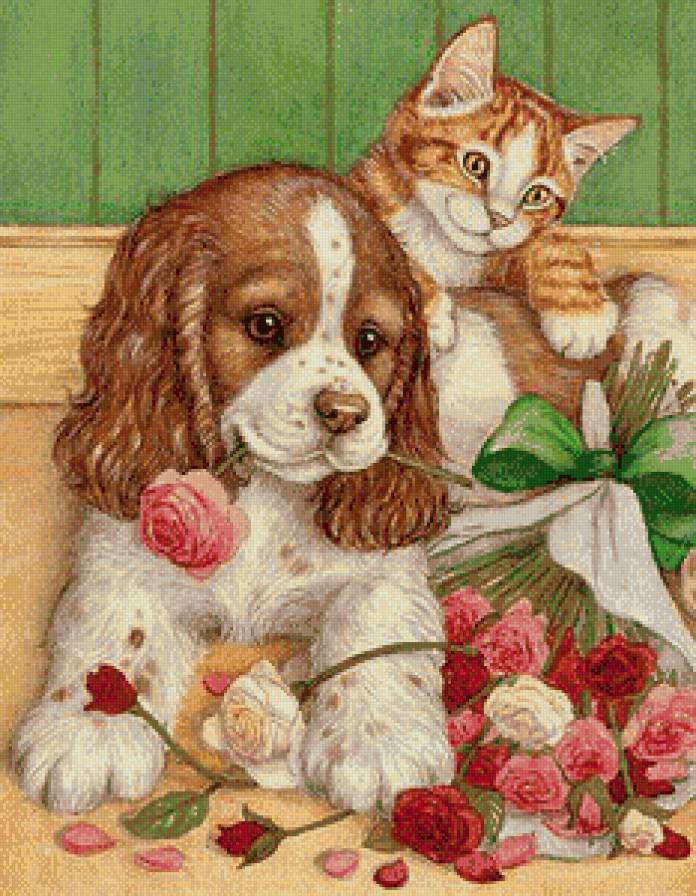 Серия "Домашние любимцы" "Букетик" - щенок, игра, букет, розы, котенок - предпросмотр