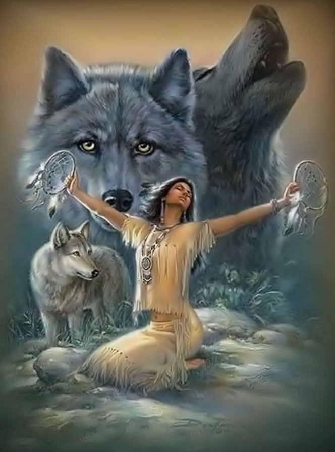 Взывая к духам - девушка, индианка, волк - оригинал