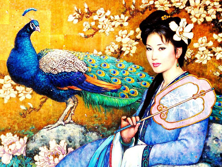 Девушка с павлином - восток, птицы, девушка - оригинал