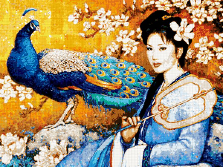Девушка с павлином - девушка, птицы, восток - предпросмотр