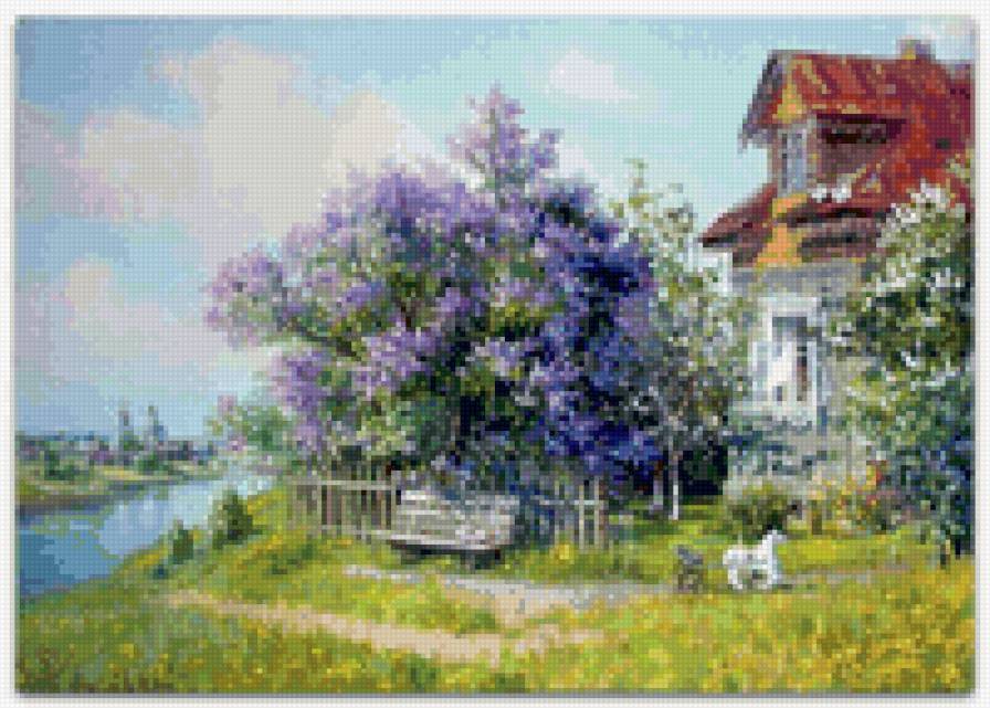 Домик в деревне - сирень, скамейка, домик, лето, река, деревня - предпросмотр