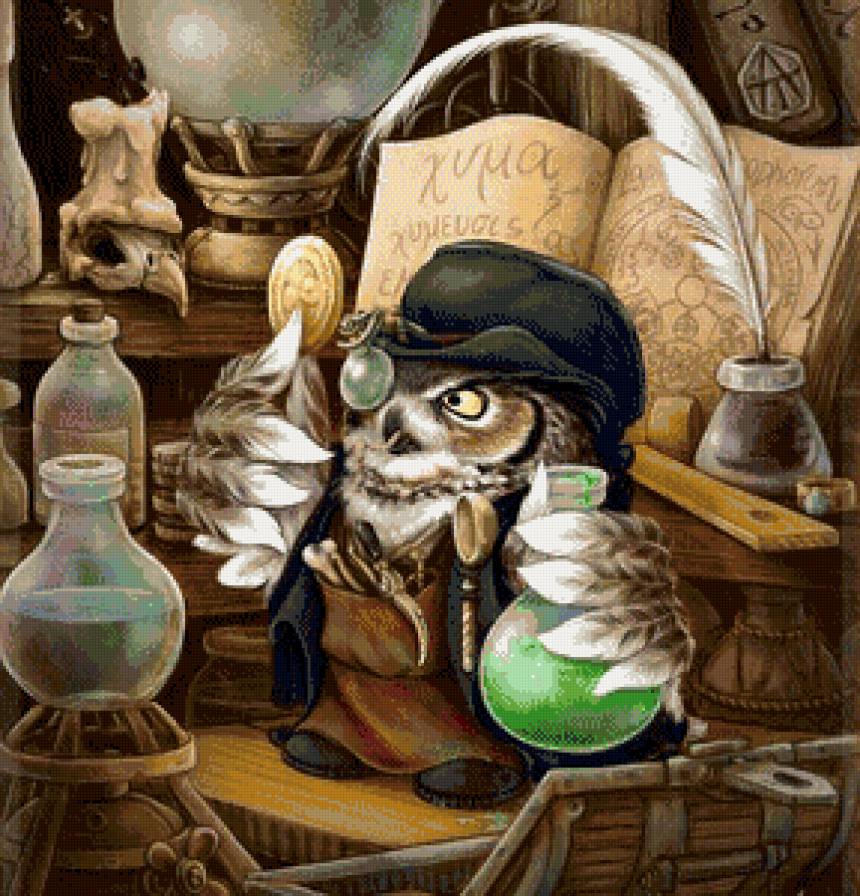 Серия "Пернатые" Алхимик" - фантазия, ученая сова, сказка, птица - предпросмотр