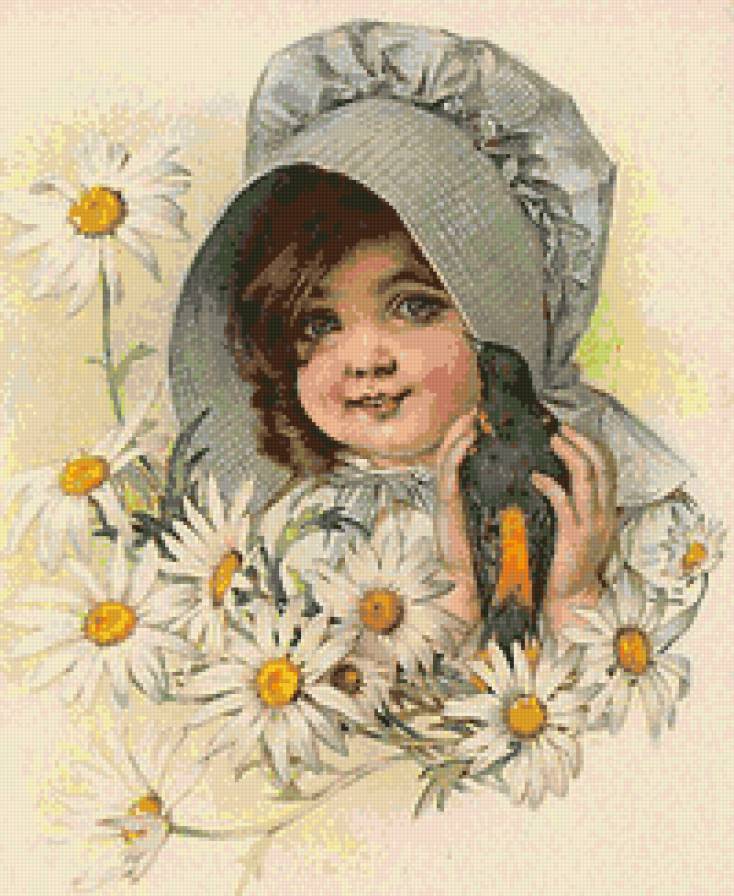 Девочка - птицы, ретро, цветы, девочка - предпросмотр