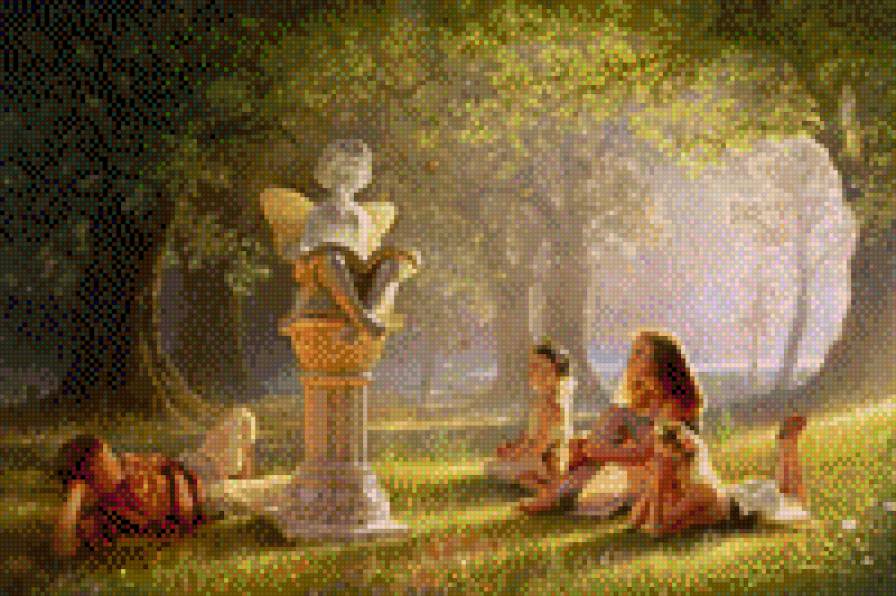 Детки рядом со статуей ангела - предпросмотр