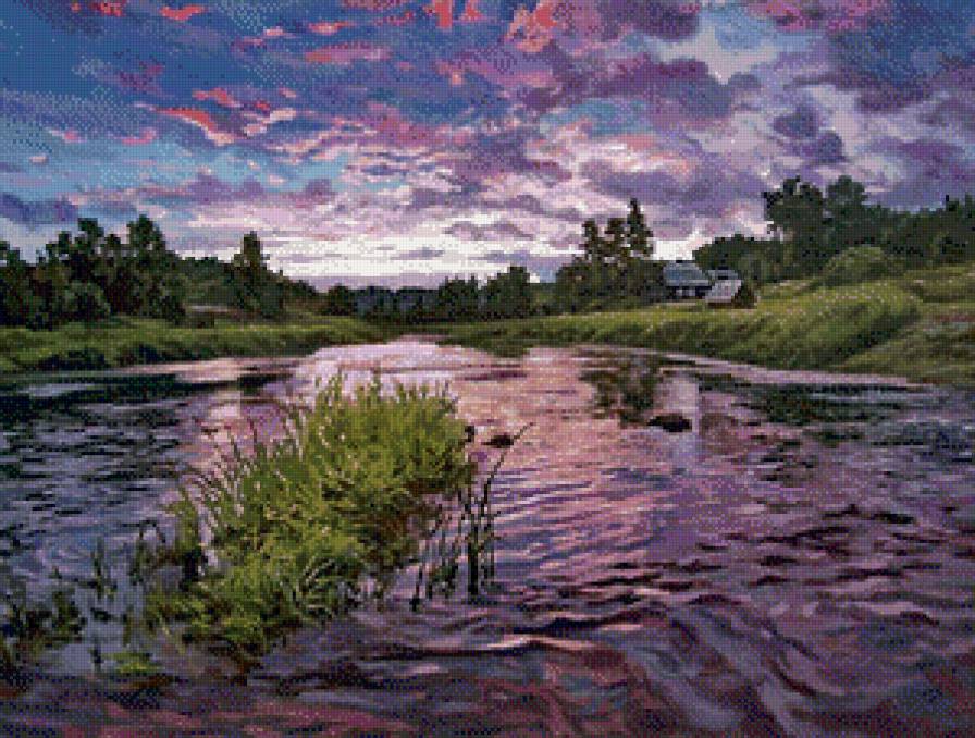 Розовый закат. - пейзаж, деревня, река - предпросмотр