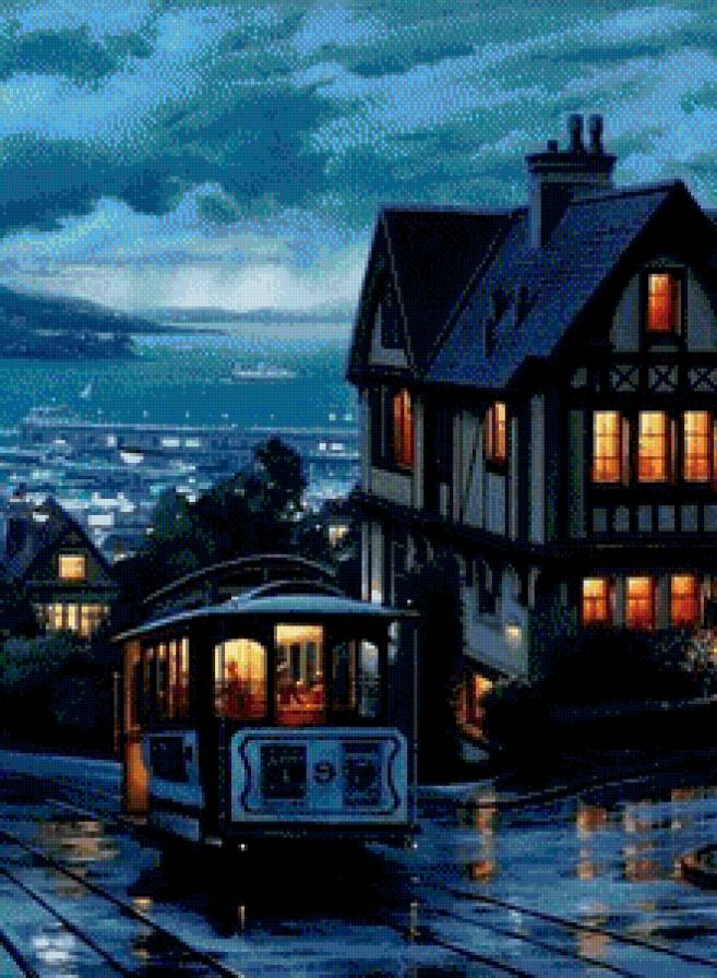 вечерний  трамвайчик - город, море, вечер, трамвай - предпросмотр