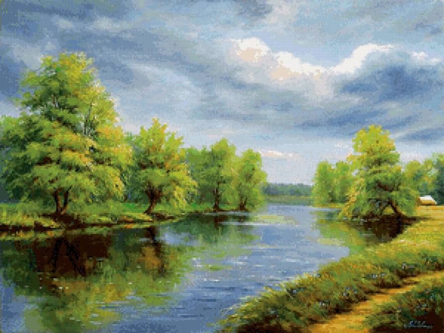 летний пейзаж с рекой - лето, природа, лес, река, живопись, пейзаж, дерево - предпросмотр