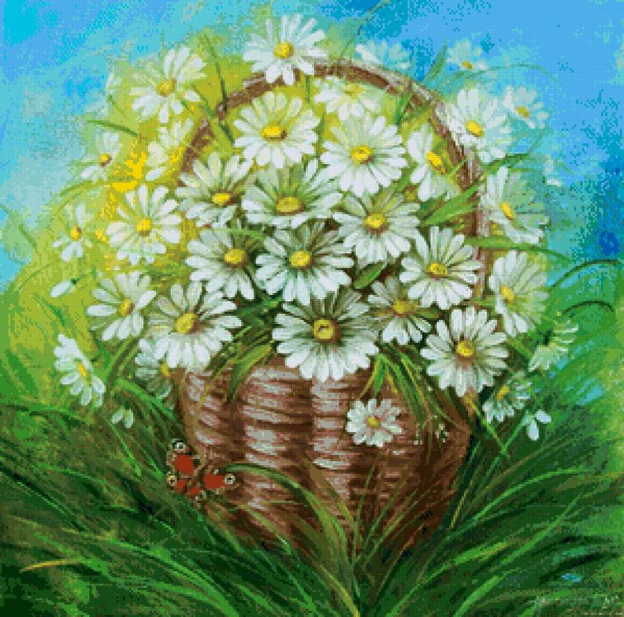 ромашки в корзине - цветы, живопись, натюрморт, ромашки, лето, корзина - предпросмотр