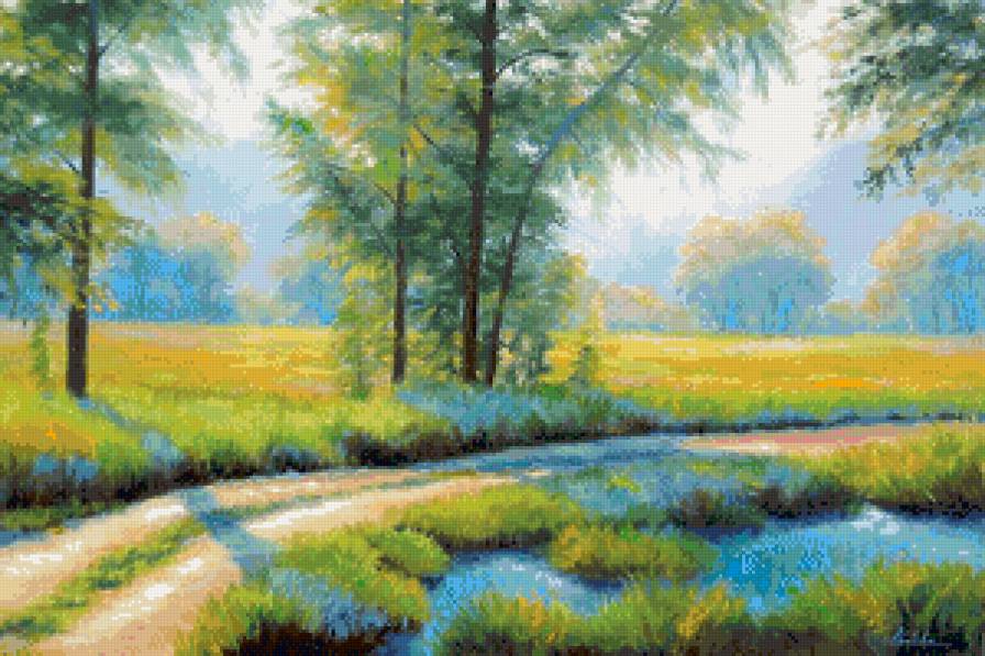 лесной пейзаж - лес, деревья, живопись, природа, лето, акварель, лучи, поляна - предпросмотр