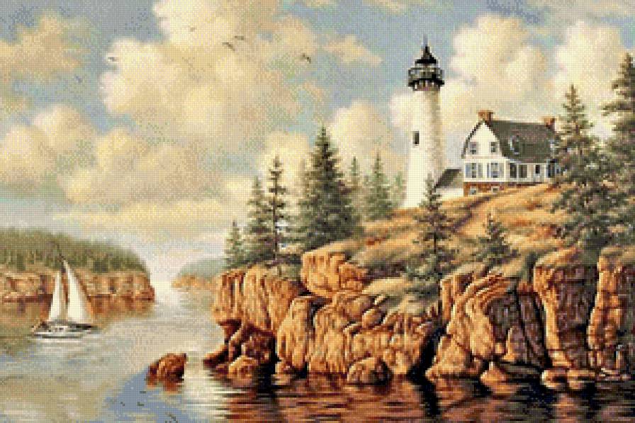 маяк - скалистый берег, море, маяк, парусник - предпросмотр