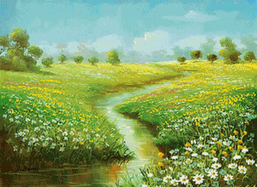речушка через ромашковое поле - река, природа, ромашки, пейзаж, лето, живопись, цветы - предпросмотр