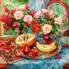 Схема вышивки «натюрморт маслом с цветами и фруктами»