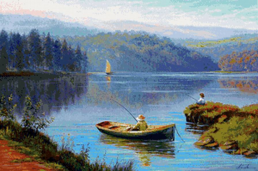 утренняя рыбалка - природа, лодка, рассвет, пейзаж, утро, рыбалка, озеро - предпросмотр