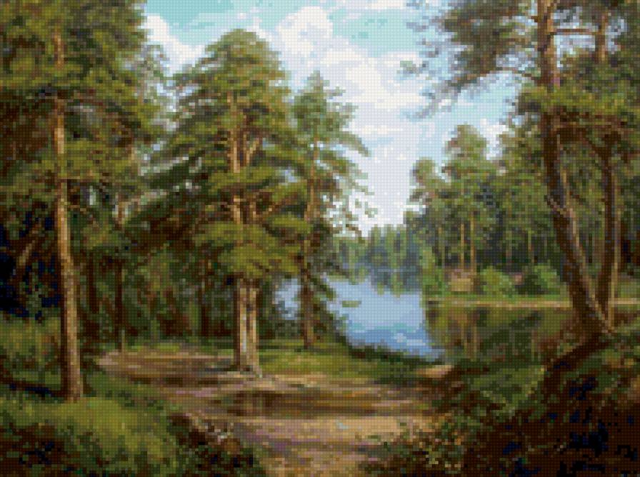 Сосны на берегу реки - пейзаж, сосны, природа. пруд, лето - предпросмотр