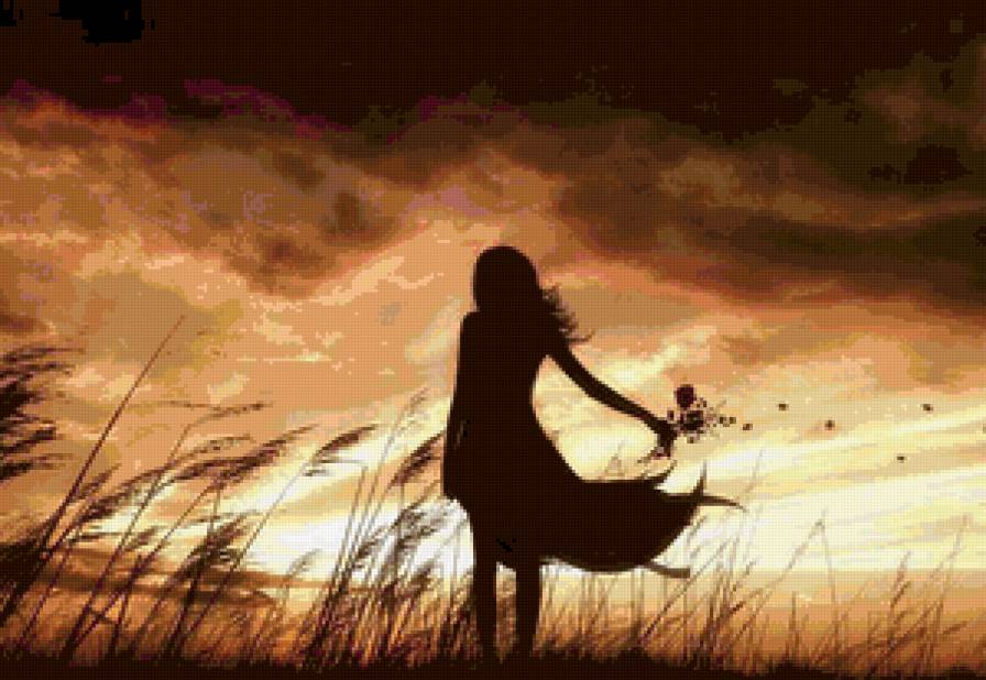 ожидание - цветы, ожидание, силуэт, одна, поле, девушка - предпросмотр