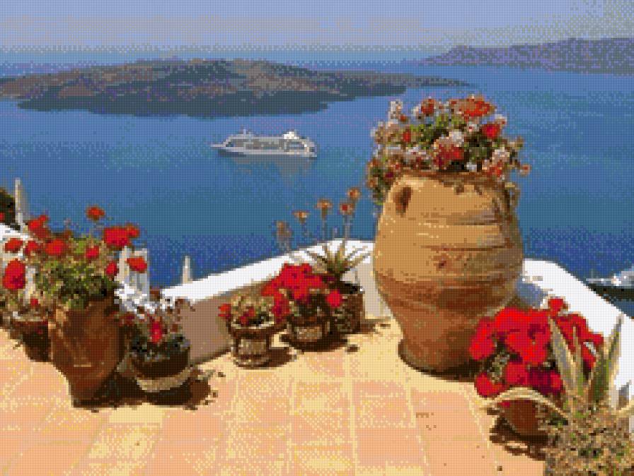 Греческие острова - острова, цветы, море - предпросмотр