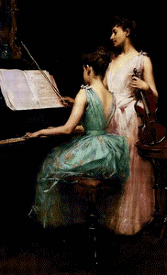 Дуэт скрипки и фортепиано - рояль, девушка, живопись, музыка, пианино, скрипка - предпросмотр