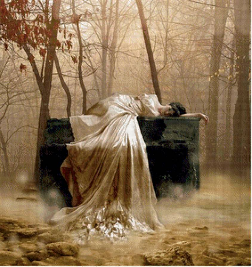 В осеннем лесу - пианино, осень, фэнтези, музыка, рояль, девушка - предпросмотр