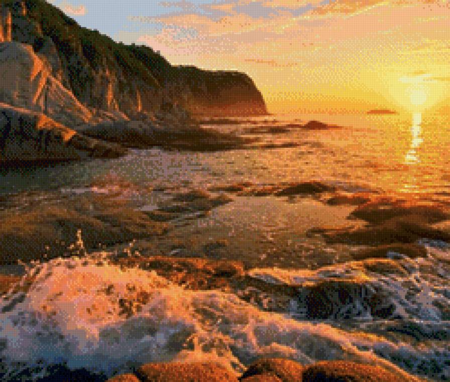 Закат - море, пейзаж, солнце, природа, приморье, волны, закат, красоты - предпросмотр