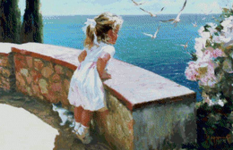 Художник Владимир Волегов - дети, море, птицы, девочка, живопись - предпросмотр