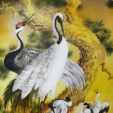 Схема вышивки «журавли с детьми на сосновой ветке»