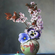 Схема вышивки «сакура и анютины глазки в японской вазе»