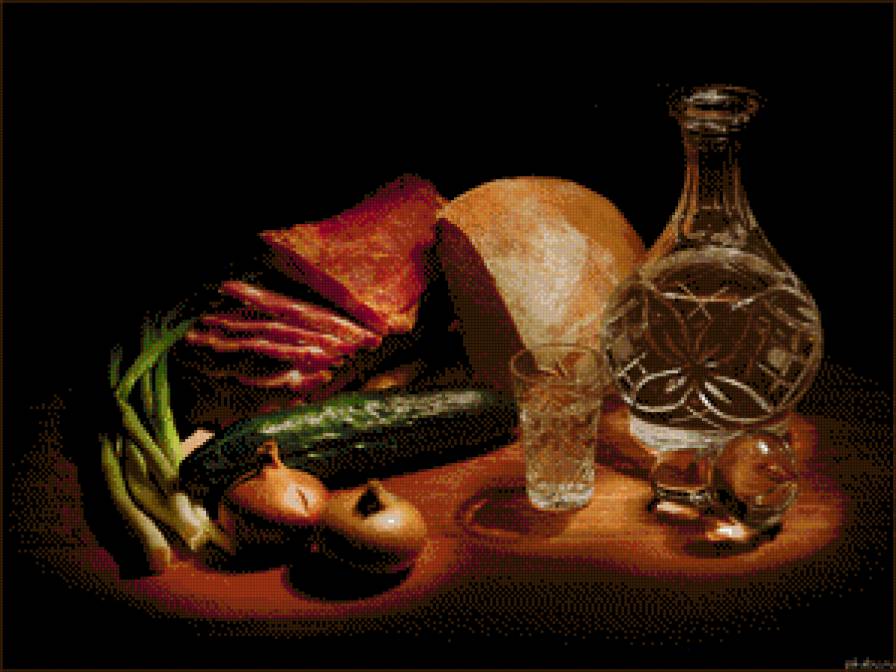 мужской натюрморт - хлеб, огурец, графин, лук, мясо - предпросмотр