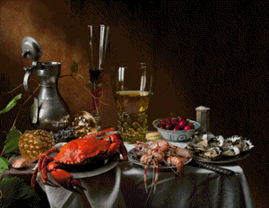 мужской натюрморт - графин, мидии, вино, креветки, краб, бокал - предпросмотр