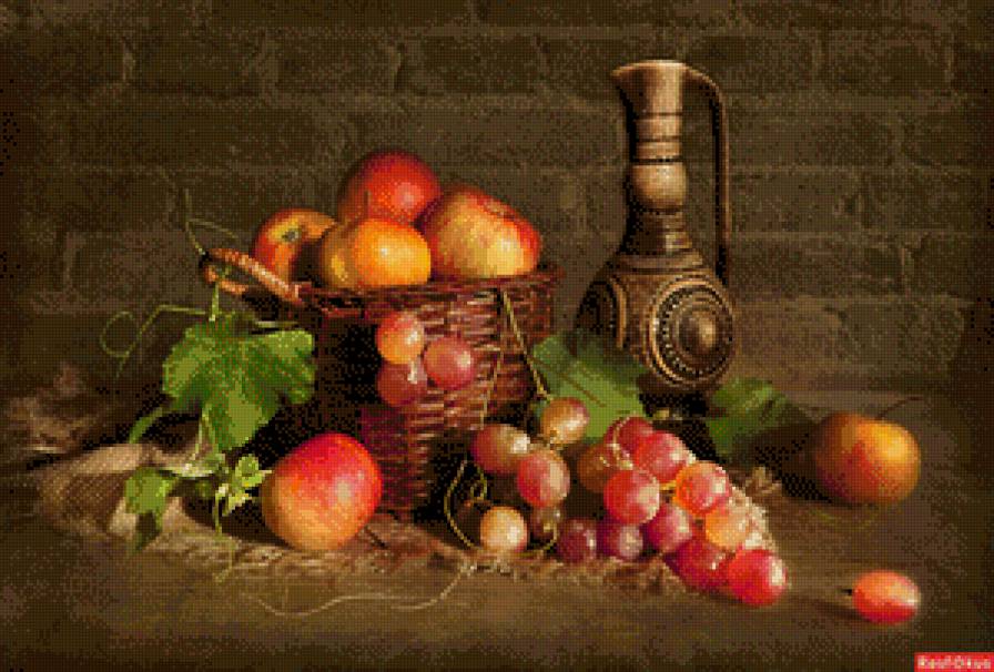 дары осени - корзинка, яблоко, виноград, графин - предпросмотр