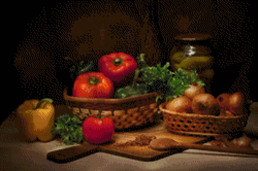 натюрморт для кухни - перчик, банка, лучок, помидорчик, огурчик - предпросмотр