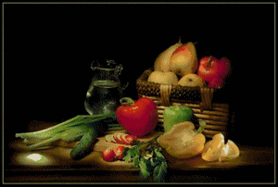 натюрморт - графин, яблоко, груша, корзинка, лук, перец, огурец - предпросмотр