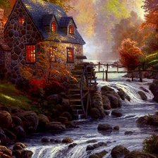 Схема вышивки «Дом с мельницей, водопад»