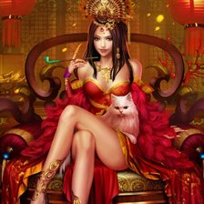 Схема вышивки «Девушка искусительница с кошкой»