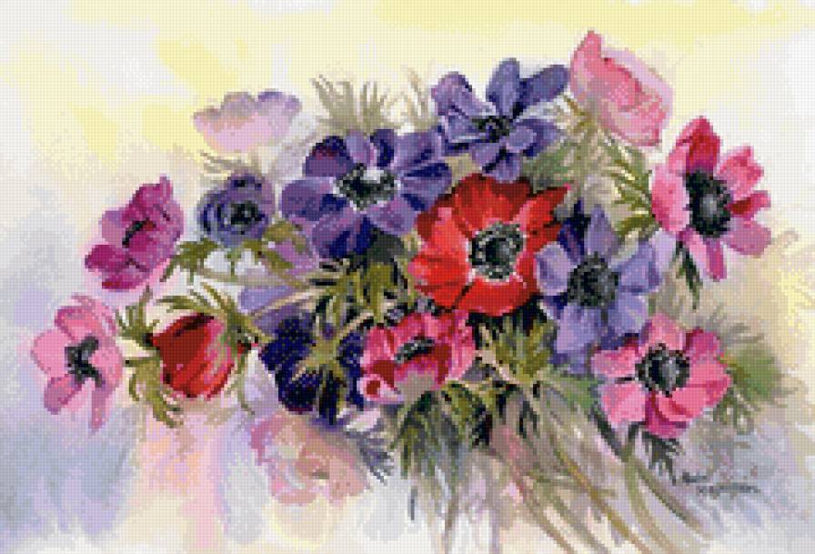 Анемоны акварелью - анемоны, букет, акварель, цветы - предпросмотр