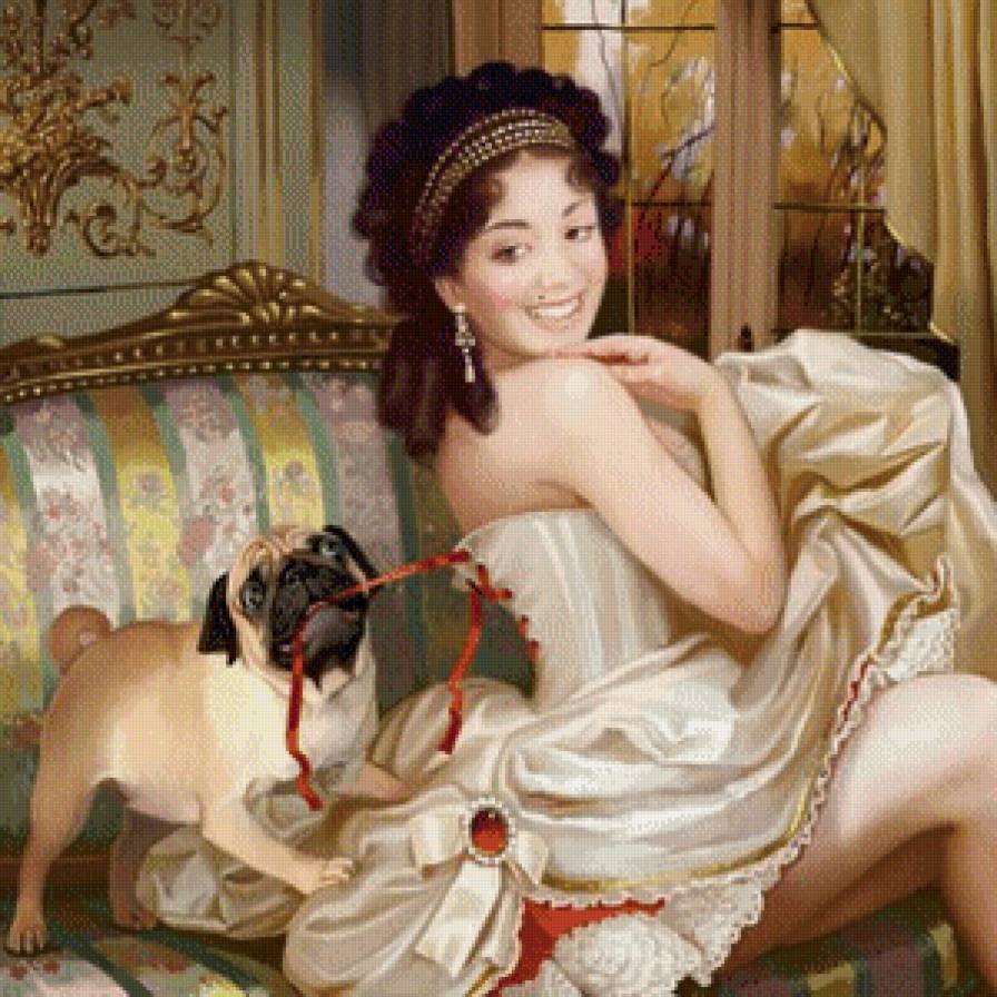 Девушка и мопс - картина, люди, собака - предпросмотр