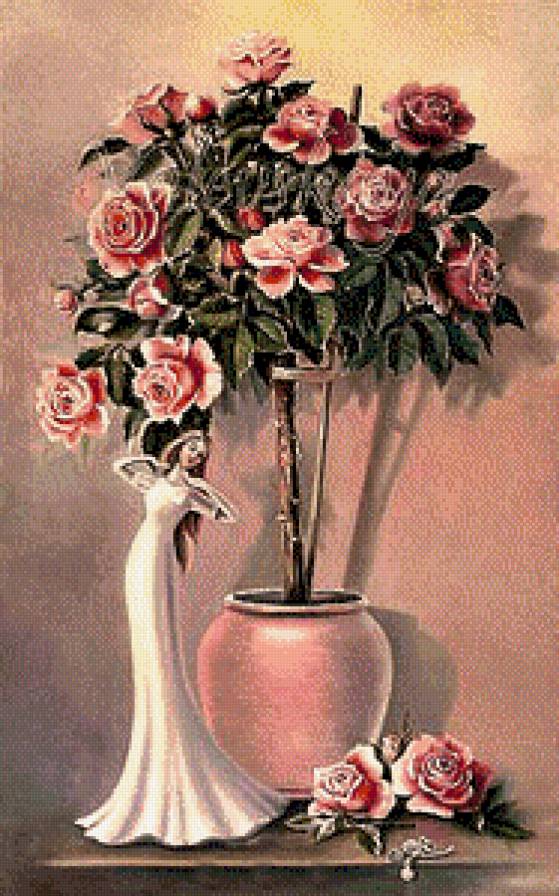 Роза - цветы и статуэтка девушки - предпросмотр