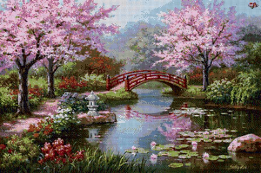 сакура у пруда парк - пейзаж пруд мост деревья весна - предпросмотр