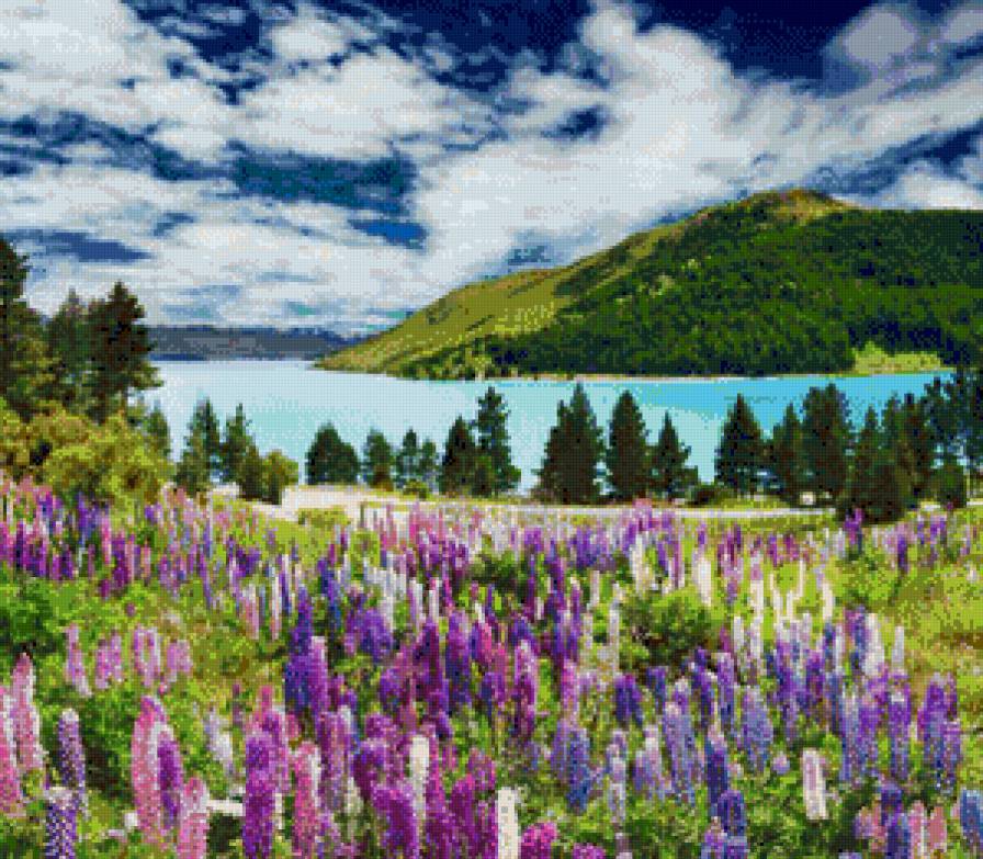 пейзаж - озеро, красивая природа, цветы, горы - предпросмотр