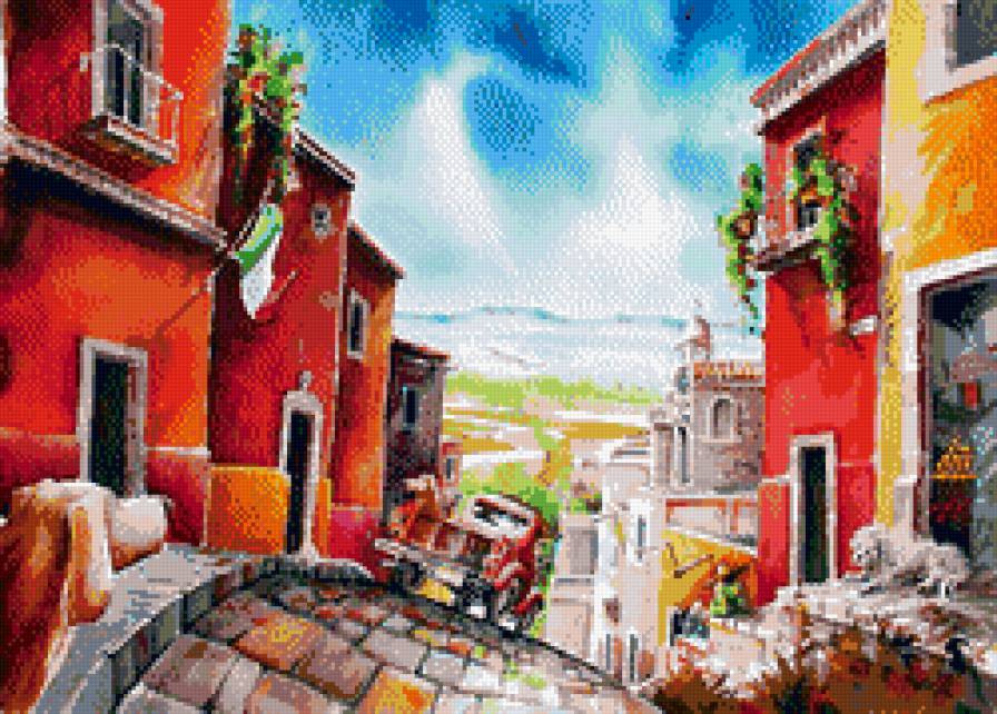 Узкая улочка акварель автомобиль - предпросмотр