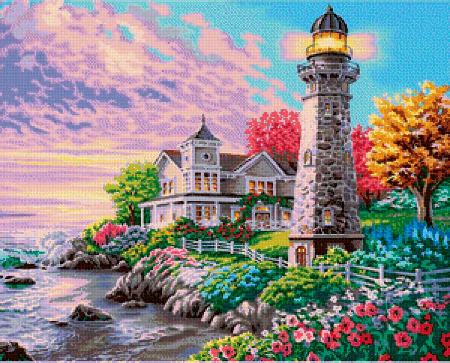 Маяк и закат. - яркость, закат, море, маяк - предпросмотр