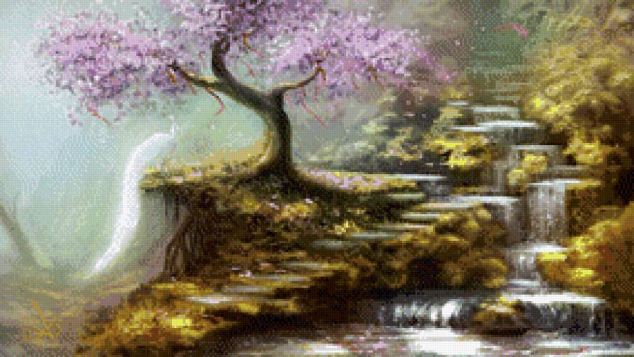 горы,водопад,сакура - горы, водопад - предпросмотр